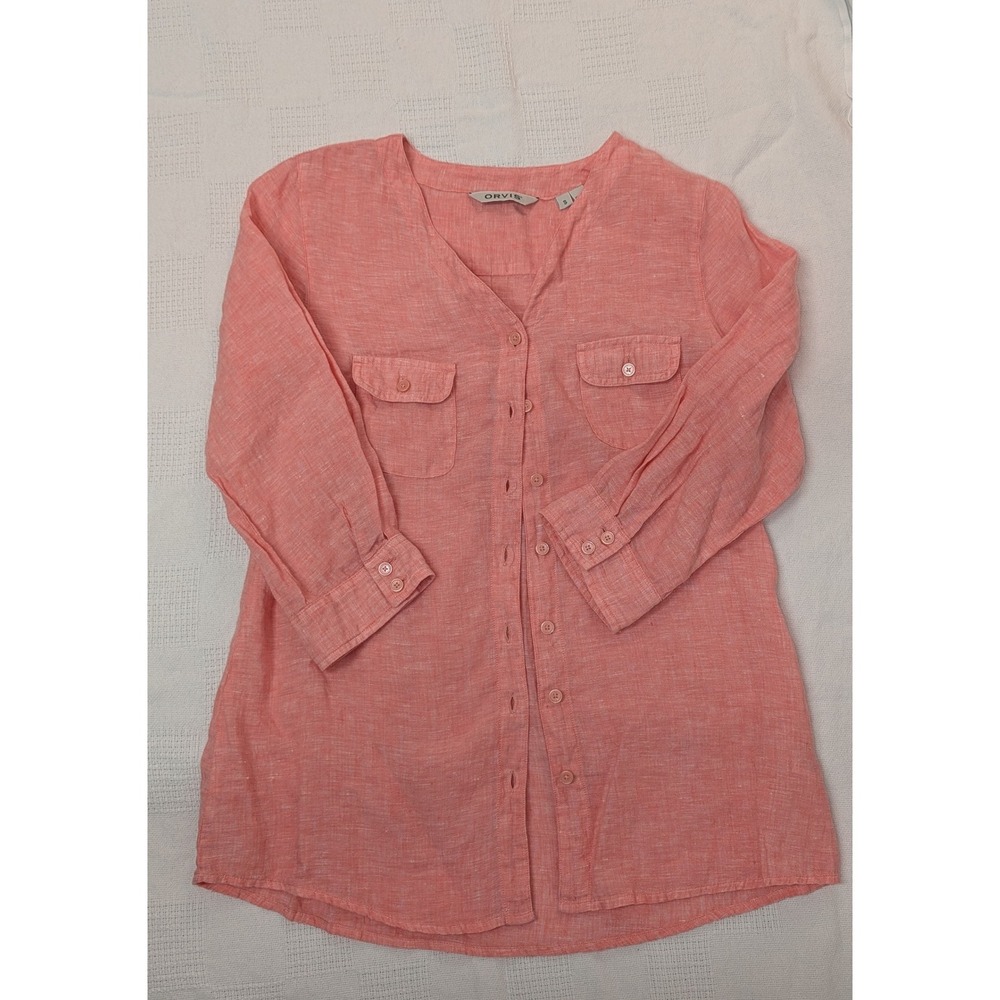 Orvis 100% Linen Coral Pink Button Front Tunic Shirt Women's Small